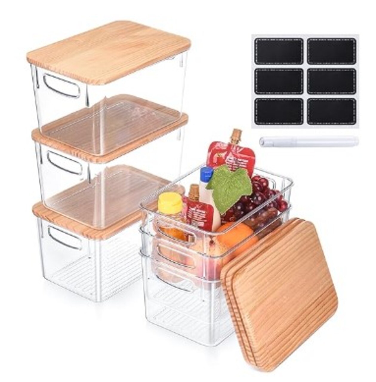 Clear Food Storage Bin with Labels Marker for Kitchen, Pantry, Cabinet, Bathroom, Bedroom, Refrigerator, Medicine Cabinet Box, 6 Pack Plastic Storage Containers with Wooden Lids